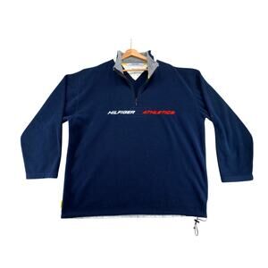 Tommy Hilfiger Athletics Navy Fleece Quarter Zip Men XL Drawstring Hem Y2K Sport